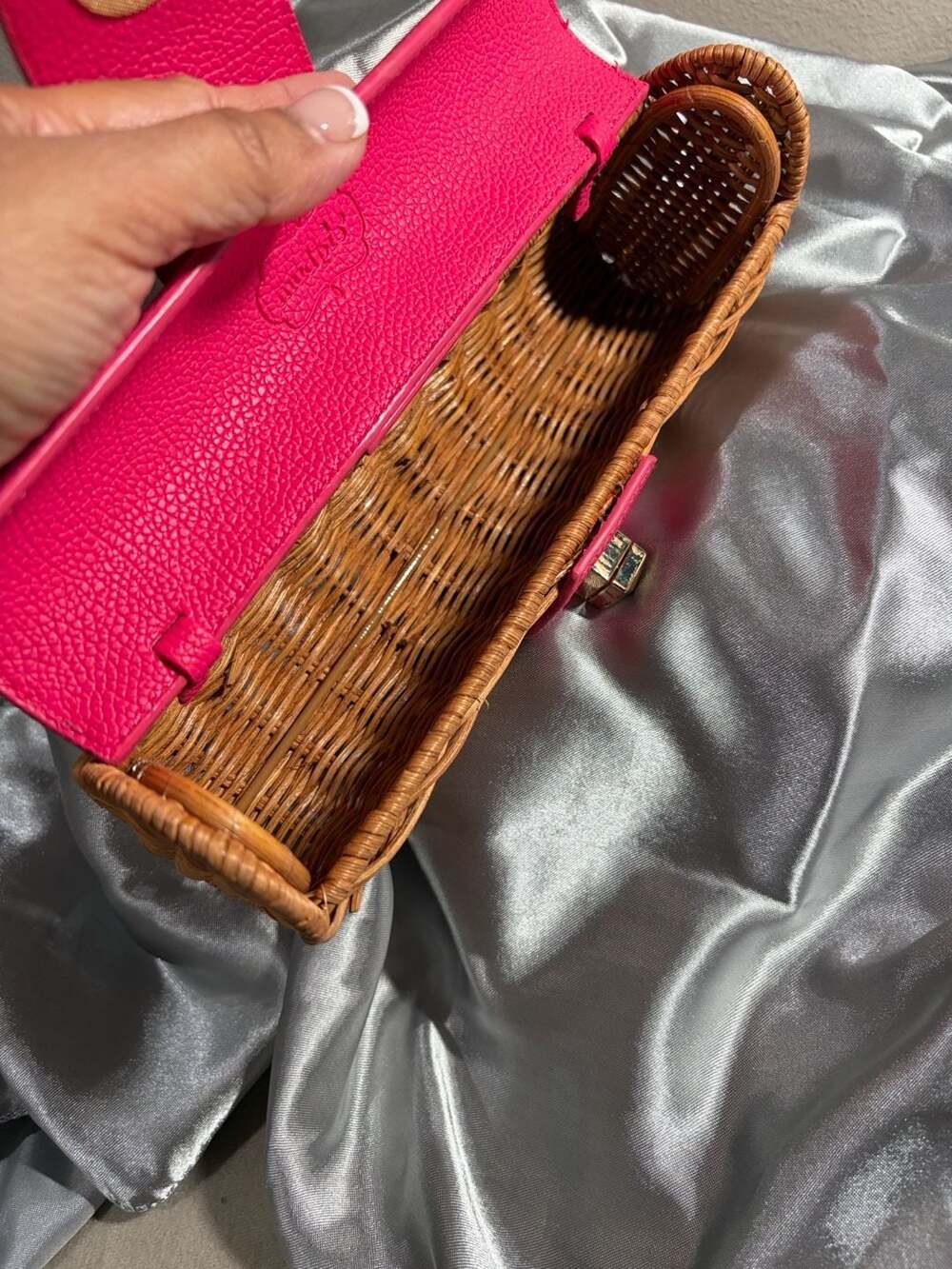 Mud Pie Rachel Pink Faux Leather and Rattan Woven Cylinder Clutch - Picture 5 of 5